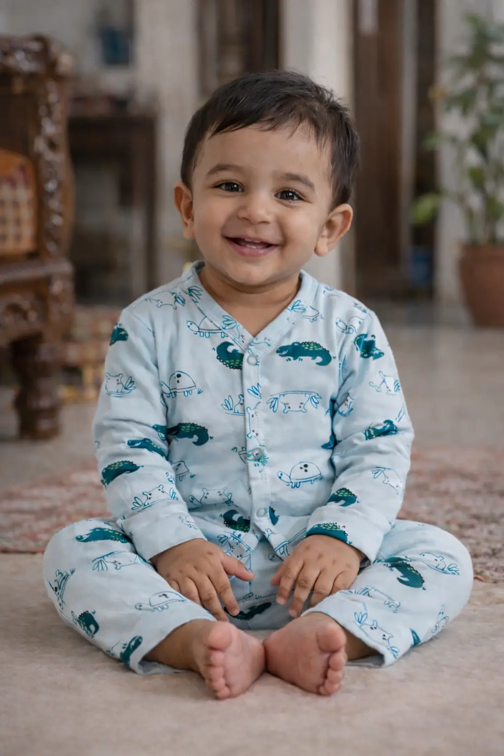 Smiling baby wearing crocodile print cotton co-ord set sitting indoors in natural light.