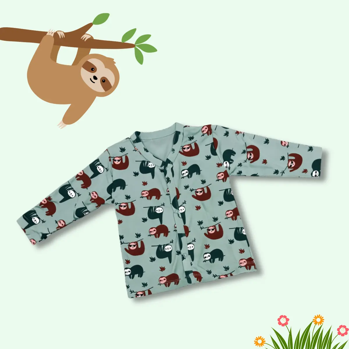Full sleeve baby top with playful sloth print and front-open button design in soft cotton fabric