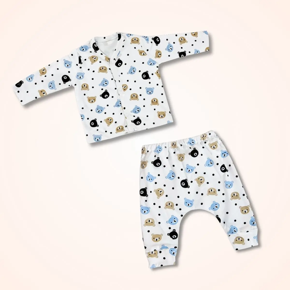 Matching baby coord set with teddy bear faces and polka dots, including full sleeve top and relaxed fit pants