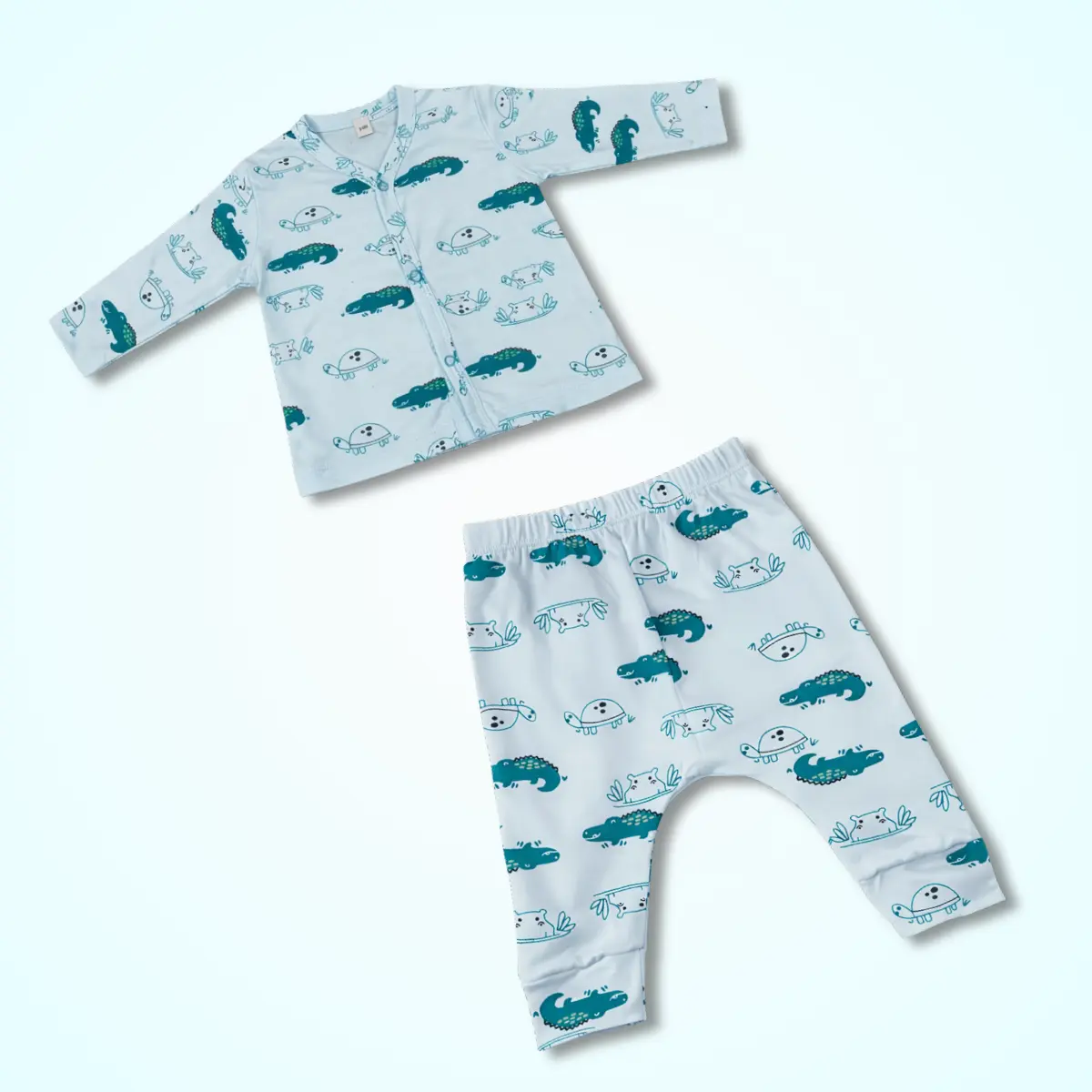 Complete baby coord set with matching crocodile print top and pants in soft breathable cotton fabric