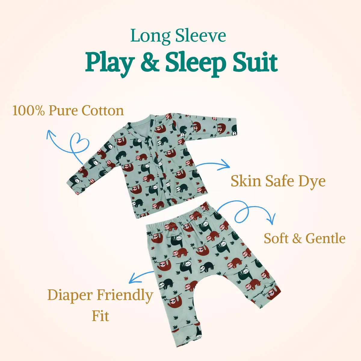 Baby coord set displayed with highlights of pure cotton fabric, soft feel, and diaper-friendly relaxed fit pants
