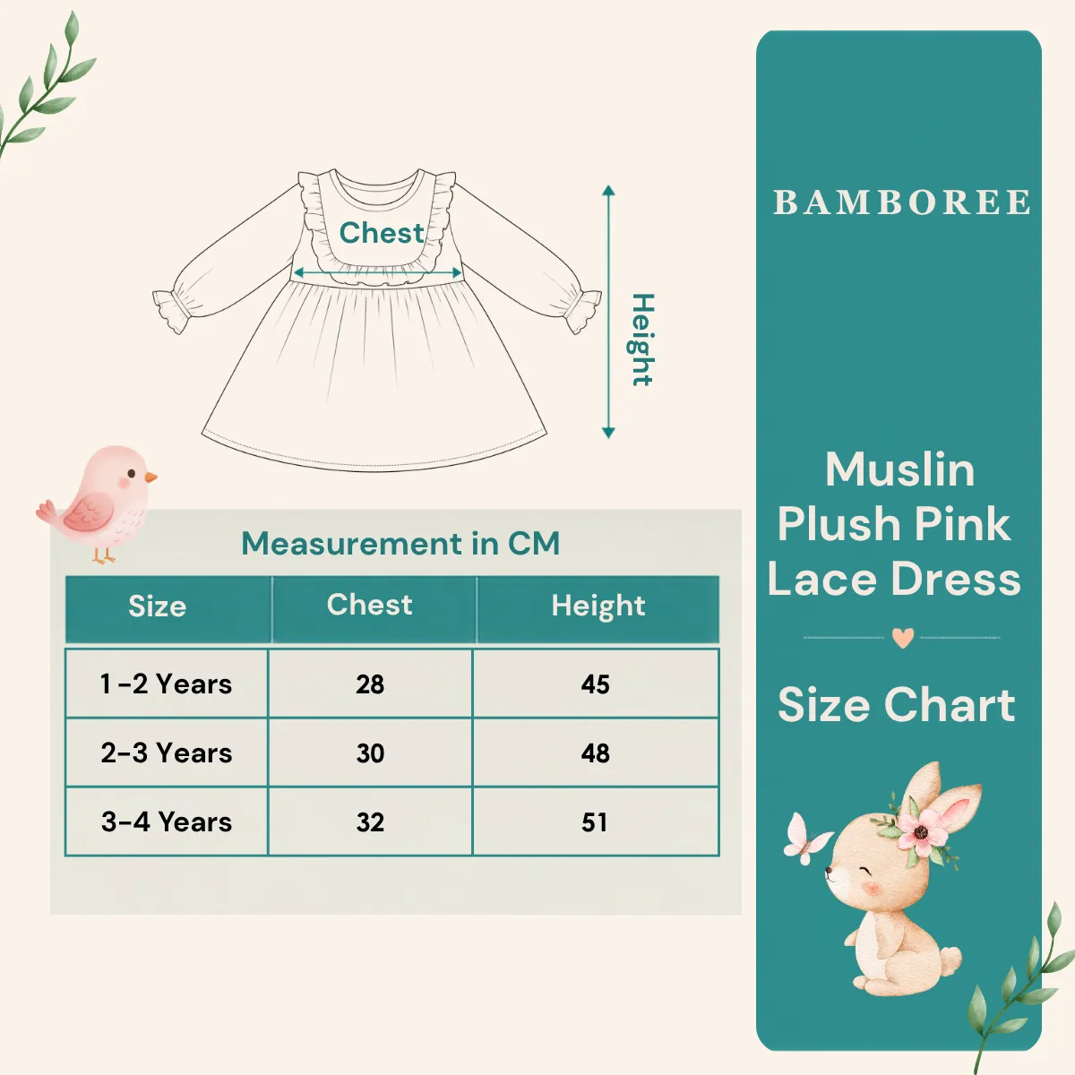Size chart for Bamboree muslin cotton lace dress for baby girls aged 1–3 years showing frock measurements and sizing guide.