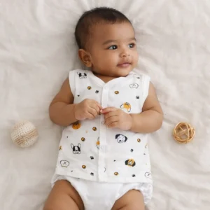 front view of dog print cotton muslin baby snap button jabla for newborns, muslin cotton baby jabla