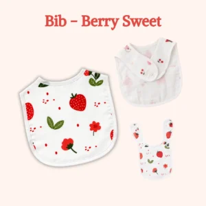Berry Sweet muslin baby bib in soft double-layer cotton with strawberry print for newborns and babies