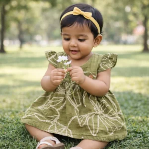 A Baby girl wearing Bamboree Forest Bloom muslin wrap frock in soft cotton with butterfly sleeves. It is a breathable floral baby frock for 3–24 months
