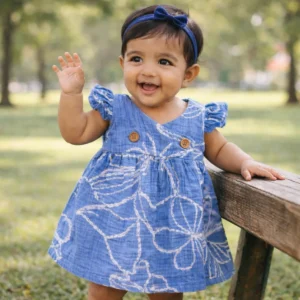 Baby girl wearing Bamboree Ocean Bloom muslin wrap dress in blue cotton with butterfly sleeves, lightweight breathable baby frock for 3-24 months