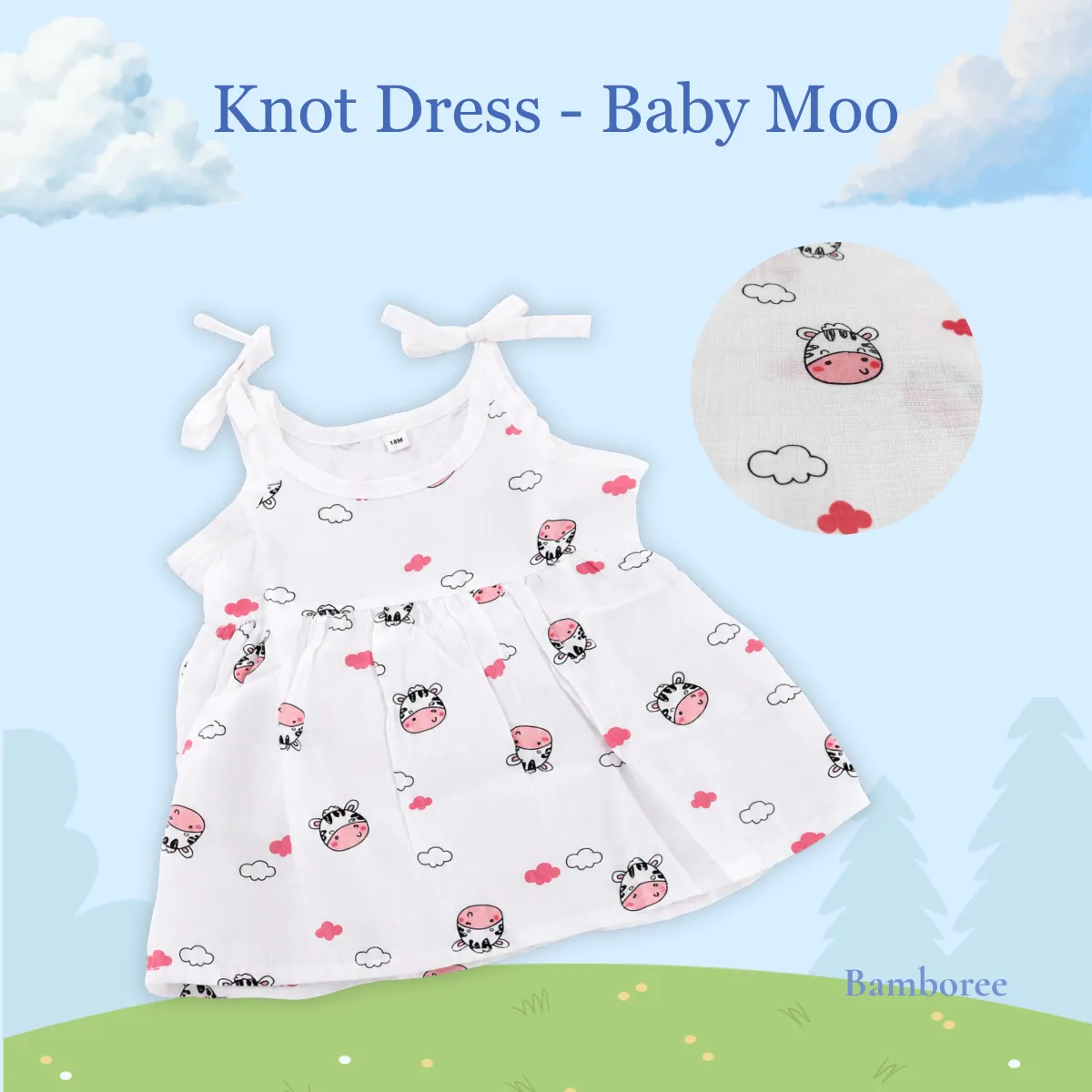 Bamboree muslin cotton knot dress for baby girls featuring Baby Moo print, breathable sleeveless summer frock with adjustable tie shoulder straps for babies 0-12 months.