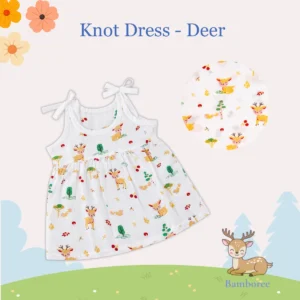 Bamboree muslin cotton knot dress with cute deer print for baby girls, soft breathable sleeveless frock with adjustable tie straps for babies aged 0-12 months.