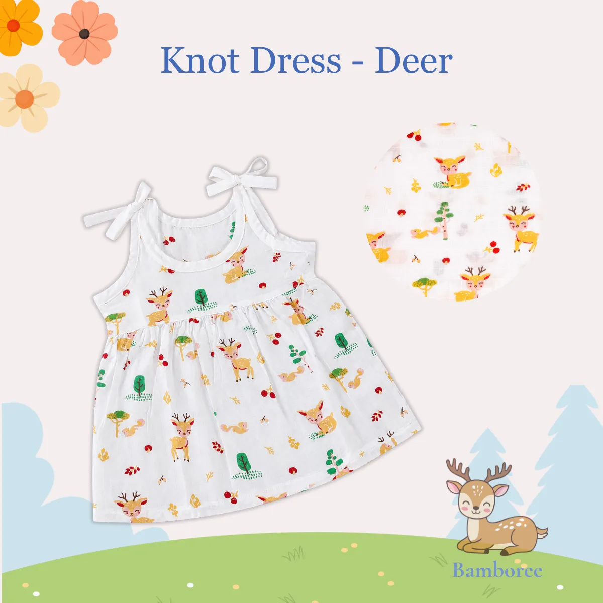 Bamboree muslin cotton knot dress with cute deer print for baby girls, soft breathable sleeveless frock with adjustable tie straps for babies aged 0-12 months.