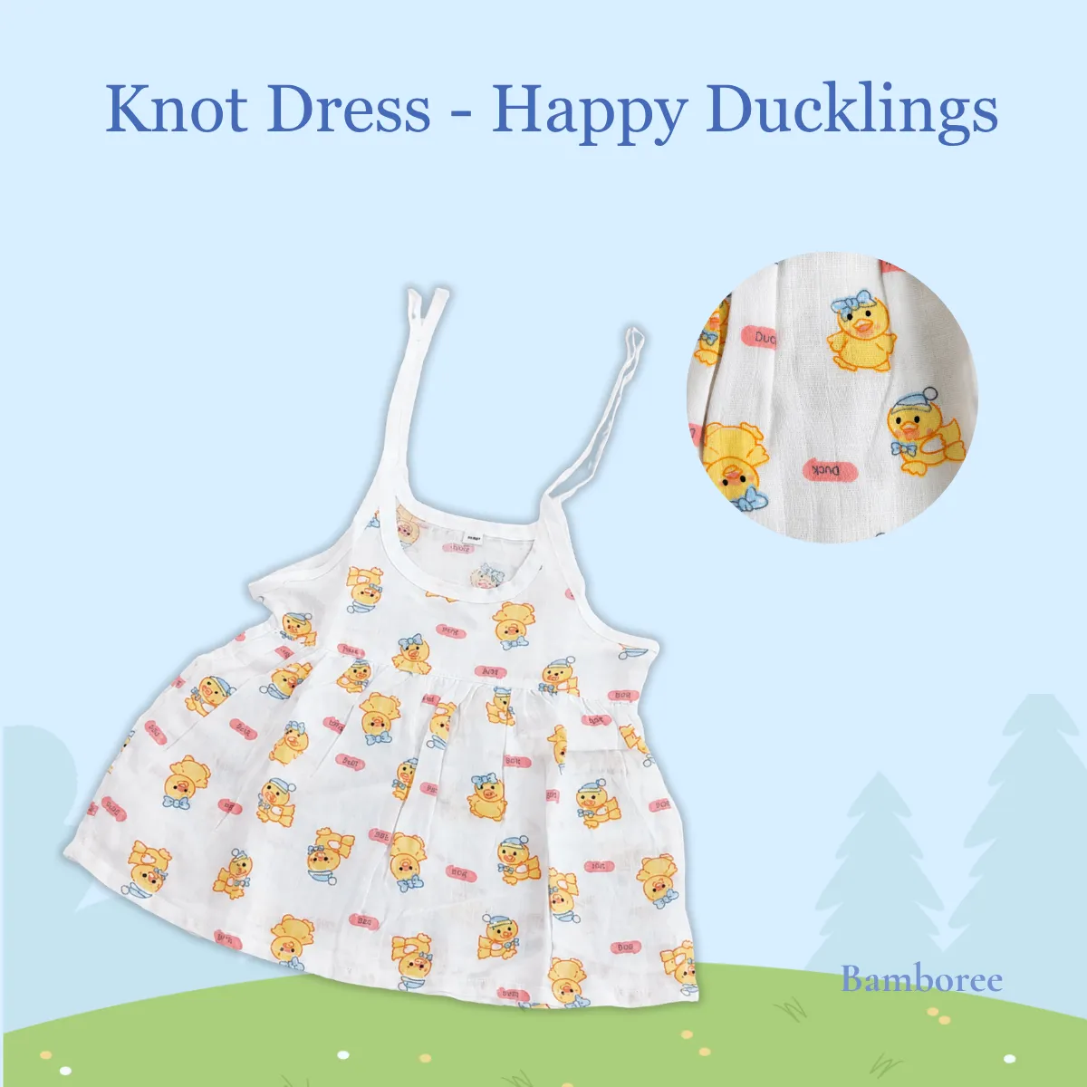 Bamboree muslin cotton knot dress with Happy Ducklings print, breathable sleeveless baby frock featuring adjustable shoulder ties for babies aged 0-12 months.