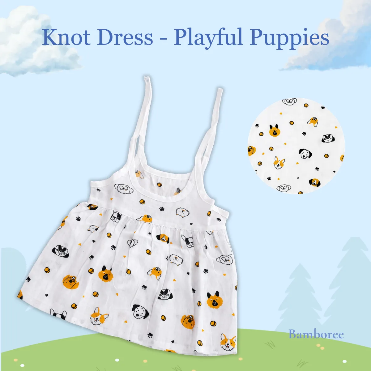 Bamboree muslin cotton knot dress featuring playful puppy print, breathable sleeveless baby girl frock with adjustable shoulder tie straps for babies 0-12 months.