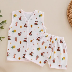 Muslin Cotton Sleeveless Baby Co-Ord Set (0–24M) - 0–3 Months, Little Deer