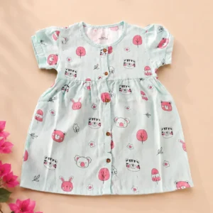 Muslin Cotton Puff Sleeve Baby Dress (0M–24M) - 12–18 Months, Baby Animals