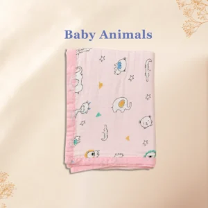 Folded Bamboree 6 layer crinkle muslin baby blanket with adorable baby animal print in soft blush pink for newborns and toddlers.