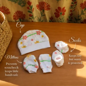 Newborn cotton cap, mittens and socks from the Bamboree Hospital Bag Kit designed to keep babies warm and protected.