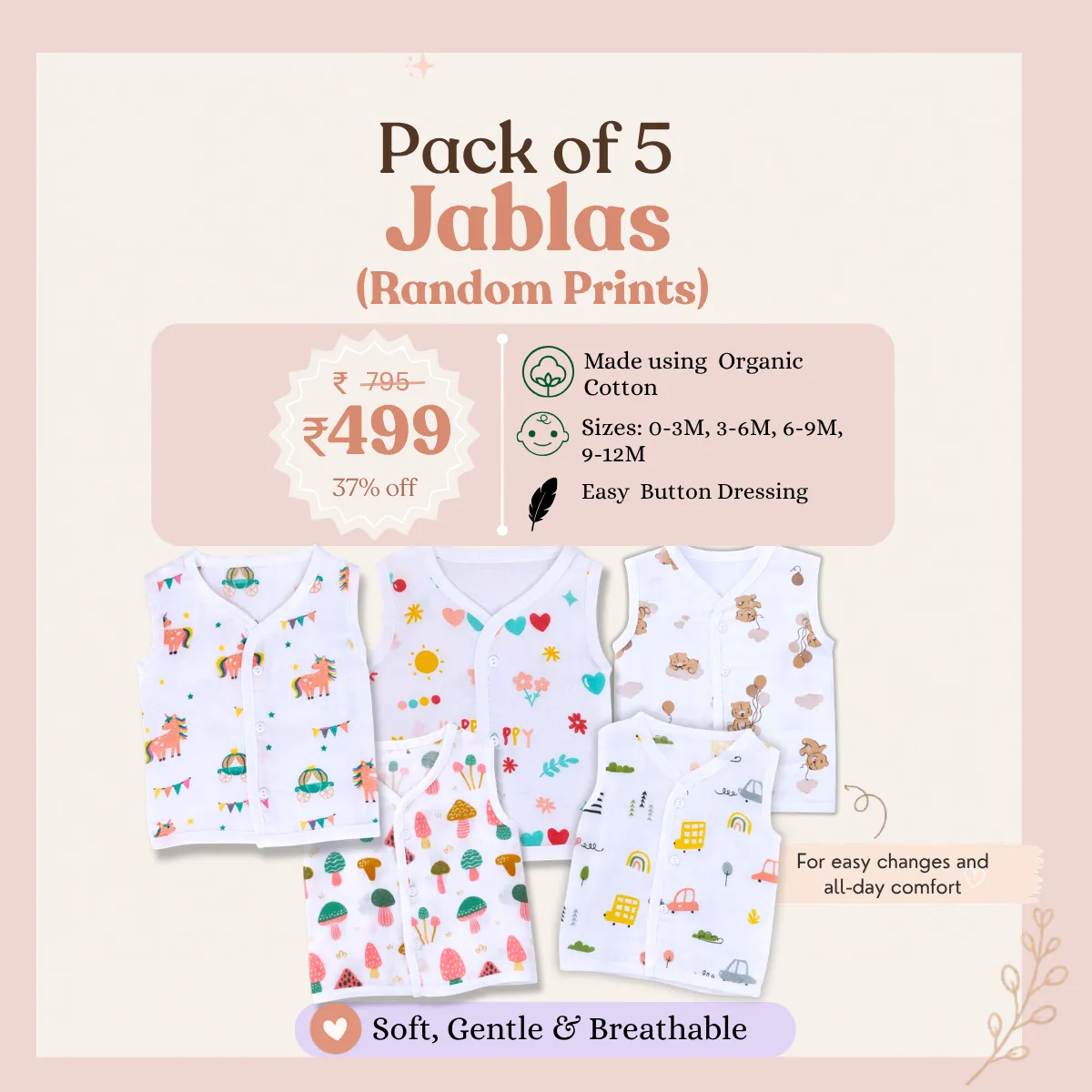 Muslin Button Jabla(0-12M) | Pack of 5