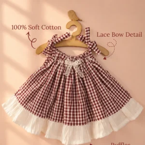 Maroon gingham check frock with white ruffle hem for baby girls