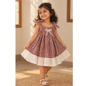 Cotton Tie-Knot Dress with Ruffle Hem | Maroon (0-3Years)