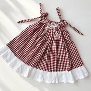 Cotton Tie-Knot Dress with Ruffle Hem | Maroon (0-3Years) - 6–12 Months