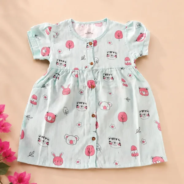 Bamboree-muslin-cotton-puff-sleeve-dress-baby-animals-front-image