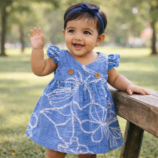 A girl baby is wearing Bamboree Ocean Bloom muslin wrap dress in blue cotton with butterfly sleeves, lightweight breathable baby frock for 3-24 months