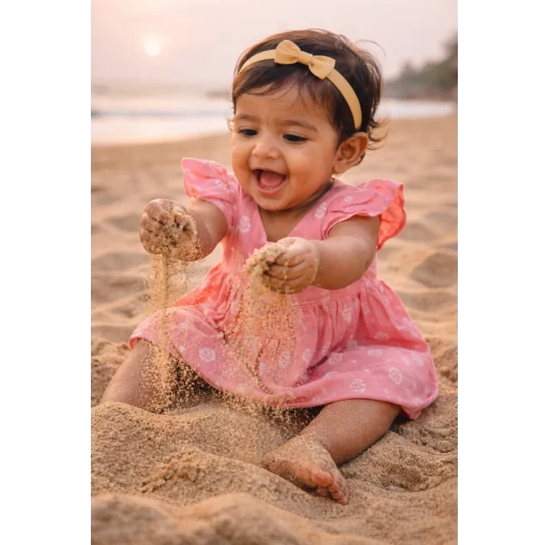Baby girl wearing Bamboree pink muslin wrap dress with ruffle sleeves, soft breathable cotton baby frock for girls 0–24 months