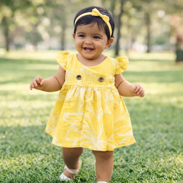 Baby girl wearing Bamboree Sun Bloom muslin wrap dress in yellow cotton with butterfly sleeves, breathable summer baby muslin wrap frock for 3–24 months